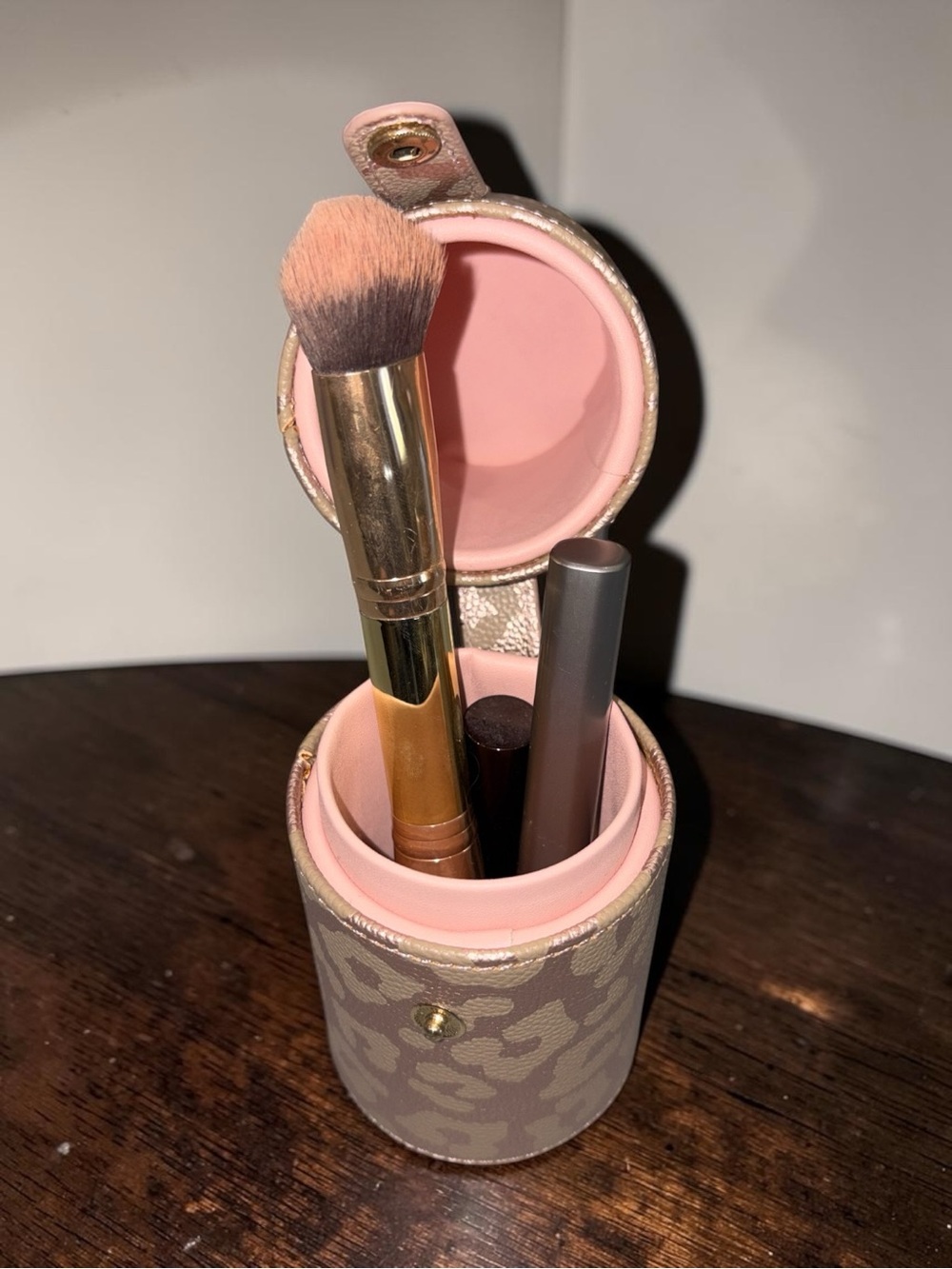 Hollis Rose Gold Mini Makeup Brush Lipstick Liner Case Travel Bag Leopard Print - Picture 7 of 10